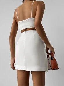 EURMUSE Solid Knot Side Wrap Skirt - White - View 2