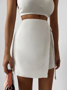 EURMUSE Solid Knot Side Wrap Skirt - White - View 4
