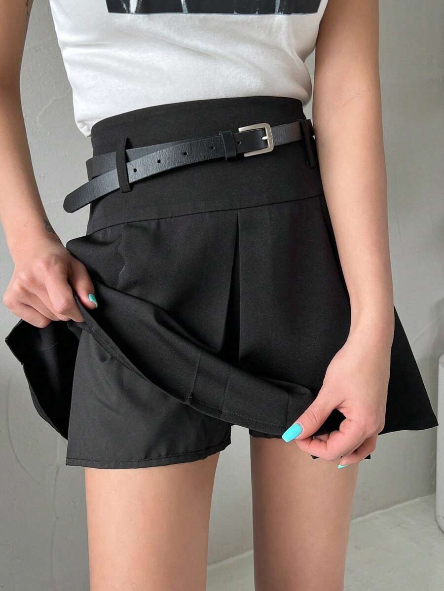 DAZY Solid Fold Pleated Detail Skirt - Black - View 1