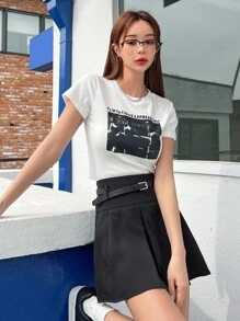 DAZY Solid Fold Pleated Detail Skirt - Black - View 3