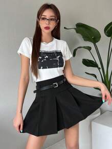 DAZY Solid Fold Pleated Detail Skirt - Black - View 8