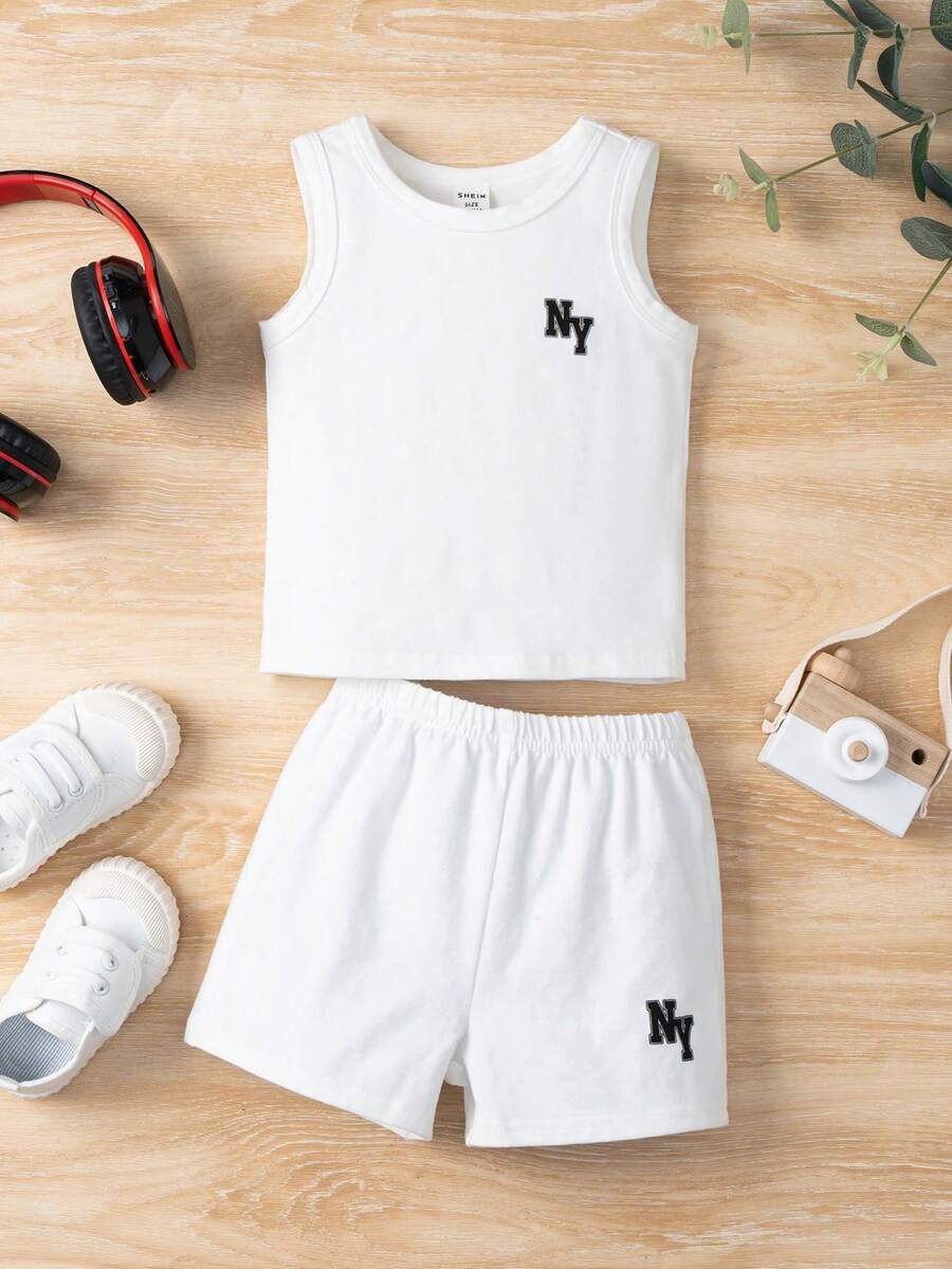 SHEIN Đứa bé trai Đồ họa Chữ cái Áo ba lỗ & Quần short - trắng - Xem 1