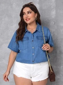 SHEIN Essnce Plus Flap Pocket Button Front Denim Shirt - Light Wash - View 1