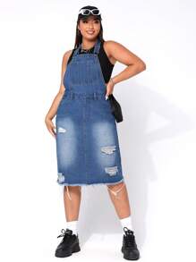 Đầm Denim kích thước lớn Túi Hem thô Bị tách màu trơn Giải trí - Rửa trung bình - Xem 3