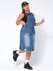 Đầm Denim kích thước lớn Túi Hem thô Bị tách màu trơn Giải trí - Rửa trung bình - Xem 1