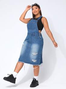Đầm Denim kích thước lớn Túi Hem thô Bị tách màu trơn Giải trí - Rửa trung bình - Xem 2