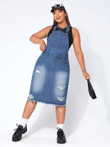 Đầm Denim kích thước lớn Túi Hem thô Bị tách màu trơn Giải trí - Rửa trung bình - Xem 6