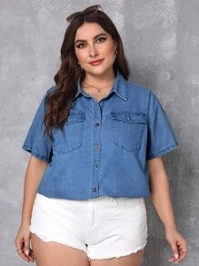 SHEIN Essnce Plus Flap Pocket Button Front Denim Shirt - Light Wash - View 4