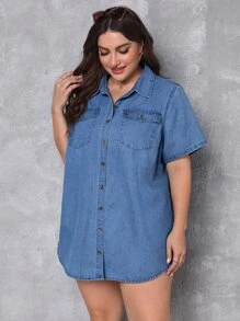 SHEIN Essnce Plus Flap Pocket Button Front Denim Shirt - Light Wash - View 5
