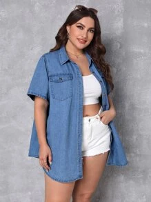 SHEIN Essnce Plus Flap Pocket Button Front Denim Shirt - Light Wash - View 6