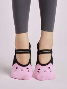 1pair Two Tone Cat Pattern Yoga Socks - Multicolor - View 7