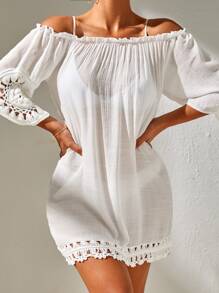 SHEIN 一字肩勾織罩衫連衣裙不附比基尼 - 白色 - 查看 1