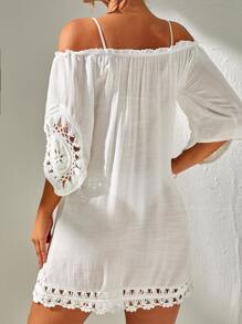 SHEIN 一字肩勾織罩衫連衣裙不附比基尼 - 白色 - 查看 2