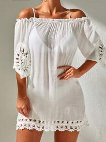 SHEIN 一字肩勾織罩衫連衣裙不附比基尼 - 白色 - 查看 3