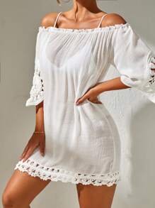 SHEIN 一字肩勾織罩衫連衣裙不附比基尼 - 白色 - 查看 4