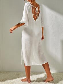 Swim Basics Summer Beach Split Thigh Backless Cover Up Dress Without Bikini Set - White - View 2