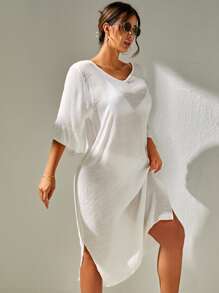 Swim Basics Summer Beach Split Thigh Backless Cover Up Dress Without Bikini Set - White - View 3