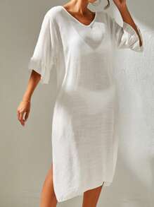 Swim Basics Summer Beach Split Thigh Backless Cover Up Dress Without Bikini Set - White - View 5