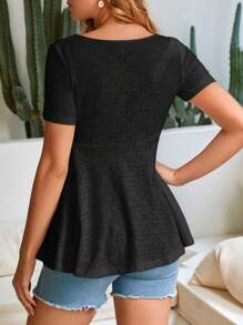SHEIN Maternity Eyelet Embroidery Button Front Peplum Tee - Black - View 2