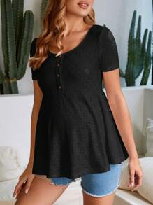 SHEIN Maternity Eyelet Embroidery Button Front Peplum Tee - Black - View 3
