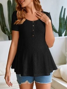 SHEIN Maternity Eyelet Embroidery Button Front Peplum Tee - Black - View 4