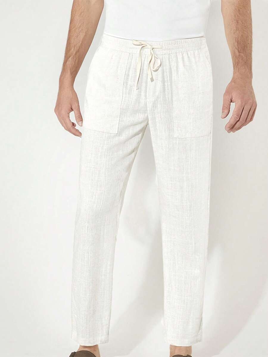 GENTILAND Men Drawstring Waist Pocket Patched Trousers - White - View 1