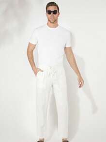 GENTILAND Men Drawstring Waist Pocket Patched Trousers - White - View 4