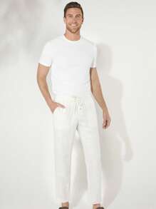 GENTILAND Men Drawstring Waist Pocket Patched Trousers - White - View 5
