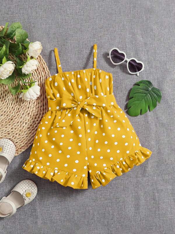 SHEIN Pigiama Intero Per Bambina A Camicietta Con Stampa A Pois, Orlo A Volant Con Cintura