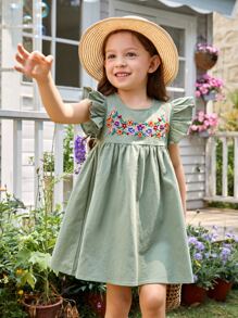 SHEIN Toddler Girls Floral Embroidery Ruffle Trim Smock Dress - Mint Green - View 1
