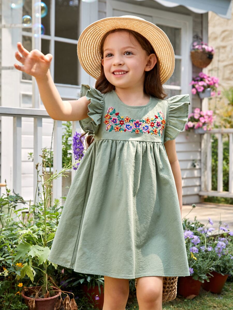 SHEIN Toddler Girls Floral Embroidery Ruffle Trim Smock Dress - Mint Green - View 1
