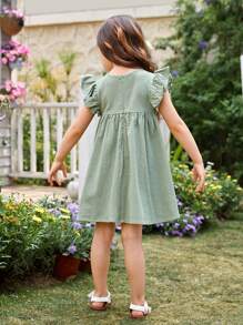 SHEIN Toddler Girls Floral Embroidery Ruffle Trim Smock Dress - Mint Green - View 2