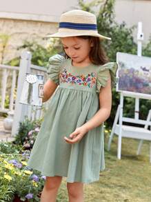 SHEIN Toddler Girls Floral Embroidery Ruffle Trim Smock Dress - Mint Green - View 3