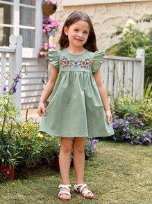 SHEIN Toddler Girls Floral Embroidery Ruffle Trim Smock Dress - Mint Green - View 4