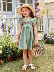 SHEIN Toddler Girls Floral Embroidery Ruffle Trim Smock Dress - Mint Green - View 5