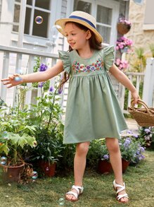 SHEIN Toddler Girls Floral Embroidery Ruffle Trim Smock Dress - Mint Green - View 6
