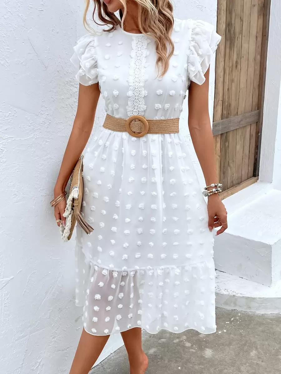 Breezaya Váy Maxi Đi Biển Kỳ Nghỉ Cho Nữ Có Viền Ren Xếp Ly Swiss Dot Tương Phản Không Thắt Lưng - trắng - Xem 1