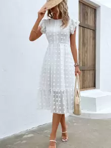 Breezaya Váy Maxi Đi Biển Kỳ Nghỉ Cho Nữ Có Viền Ren Xếp Ly Swiss Dot Tương Phản Không Thắt Lưng - trắng - Xem 5