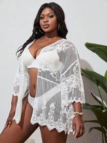 Kimono de malla con bordado - Blanco - Ver 4