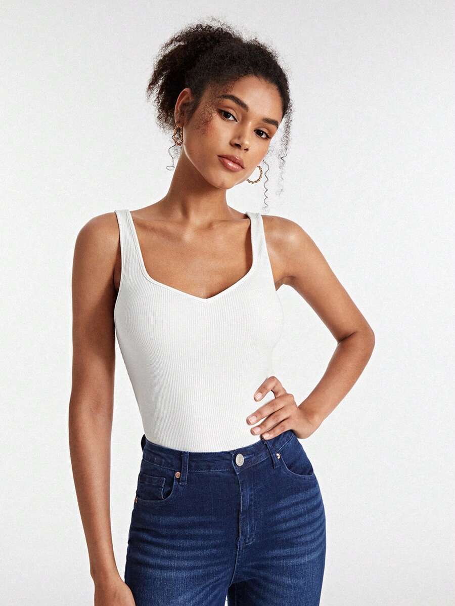 SHEIN BASICS Solid Ribbed Knit Tank Top - White - View 1