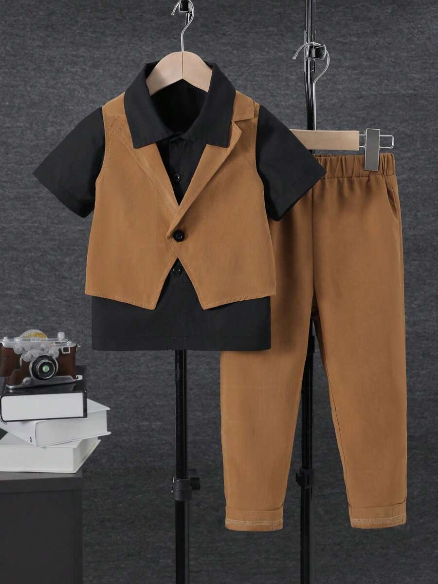 SHEIN 男小童素色襯衫和馬甲和褲子