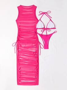 素色比基尼套裝吊脖三角形文胸和丁字褲下裝和仿舊罩衫洋裝3入組泳衣 - 玫紅色 - 查看 2