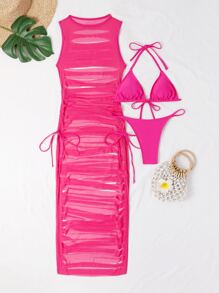 素色比基尼套裝吊脖三角形文胸和丁字褲下裝和仿舊罩衫洋裝3入組泳衣 - 玫紅色 - 查看 4