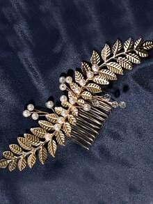 Faux Pearl & Leaf Decor Bridal Hair Comb - Gold - View 2