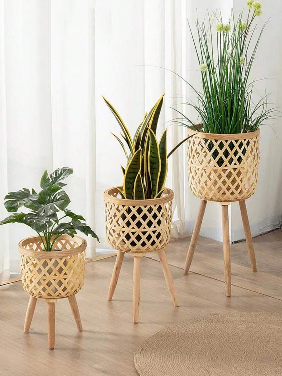 3 cái/bộ Hộp Đựng Cây Bằng Tre, Chậu Cây Rỗng Phong Cách Nhật Bản Để Trong Nhà - Màu be - Xem 1