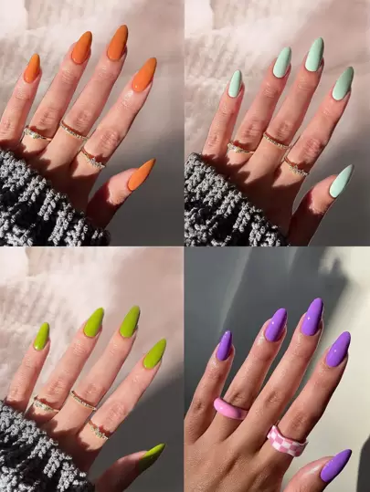 24入組亮紅色長杏仁實心假指甲和 1 張膠帶和 1入組指甲銼 Pres On Nails 套件