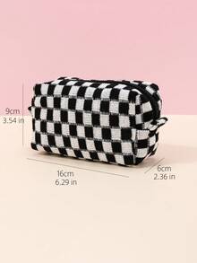 1入黑白車格紋針織軟質經典車格紋圖案防水大容量旅行便攜式八邊形化妝包女士女孩儲物化妝品組織器化妝箱 - 黑與白 - 查看 8