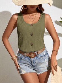 SHEIN LUNE Waffle Knit Button Front Tank Top - Army Green - View 3