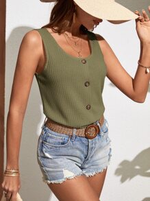 SHEIN LUNE Waffle Knit Button Front Tank Top - Army Green - View 6