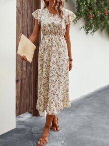 Breezaya Đầm Maxi In Hoa Viền Xếp Ly Cho Kỳ Nghỉ Bãi Biển Nữ - Màu be - Xem 4